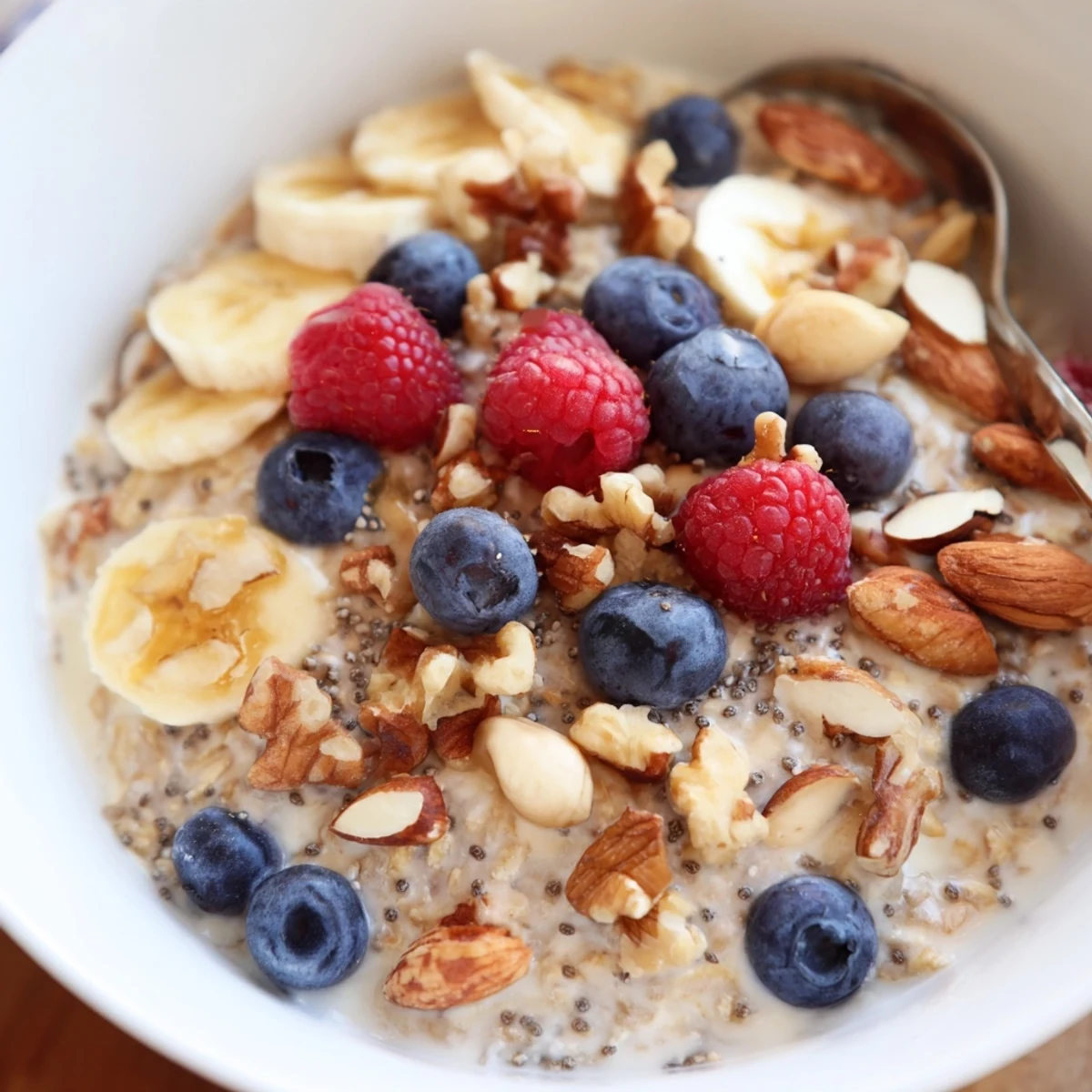 Confortable bol de Creamy Breakfast Oats, avec myrtilles et amandes sur une texture onctueuse.