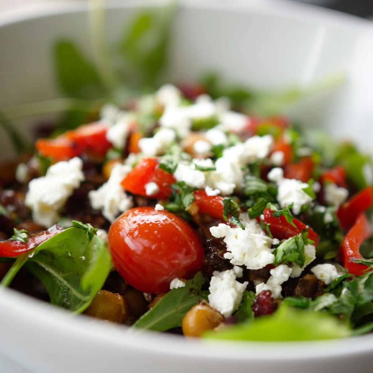 Salade Supper Méditerranéenne au feta, aux olives Kalamata et au poulet grillé pour un repas savoureux.