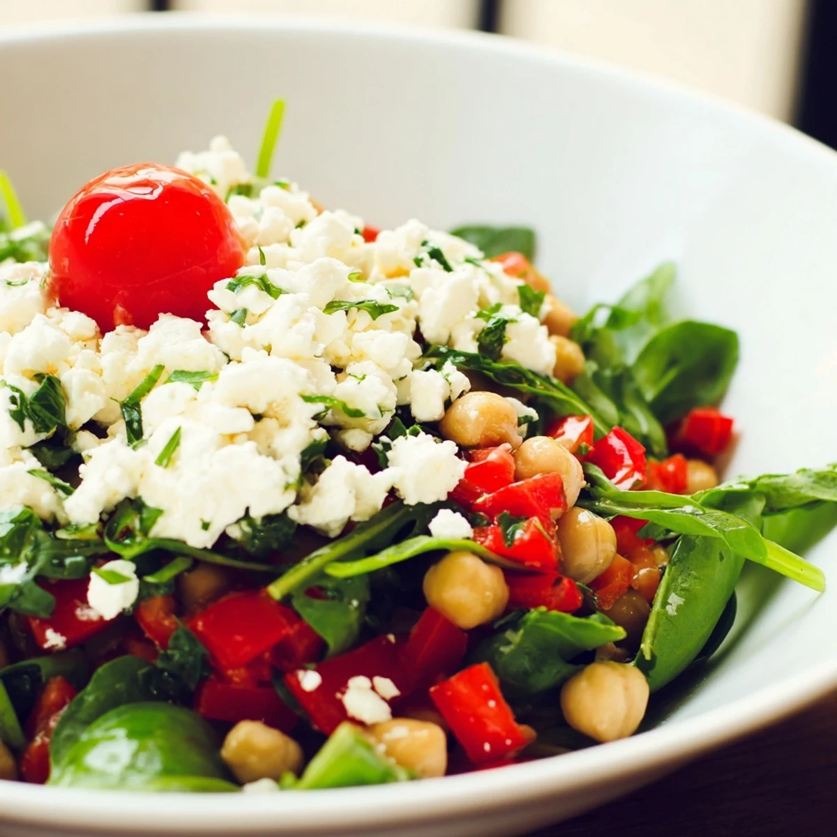 Salade Supper Méditerranéenne généreuse avec tomates cerises, concombre et quinoa sur fond de roquette.