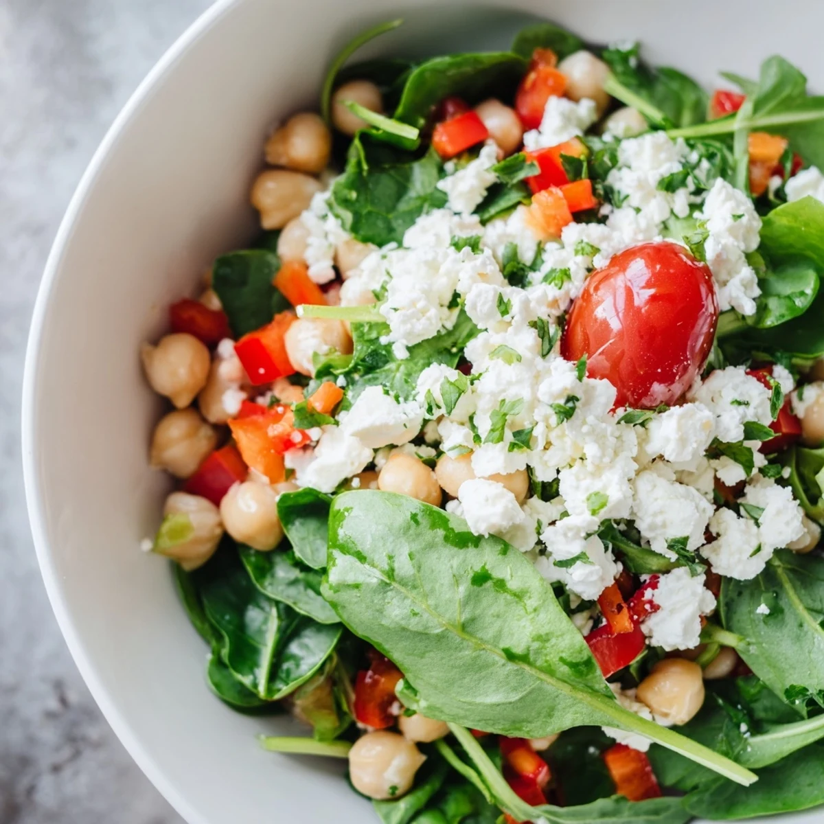Salade Supper Méditerranéenne croquante et fraîche, parfaite pour un dîner estival servi avec citron.