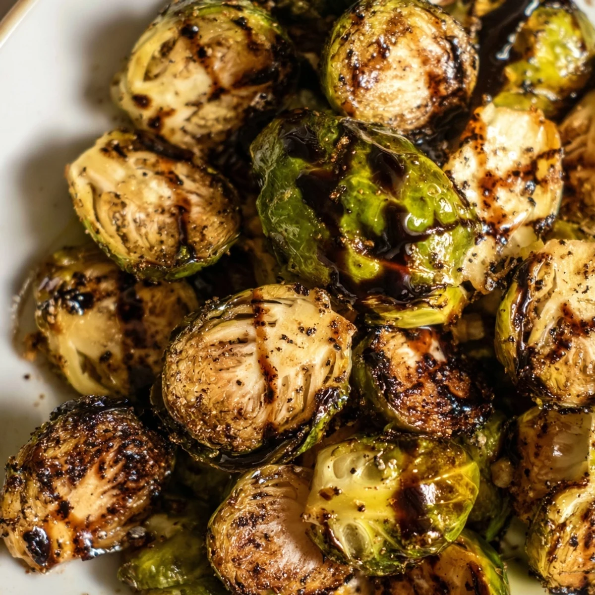 Choux de Bruxelles au balsamique sortant du four, avec une sauce réduite brillante et une texture croustillante.