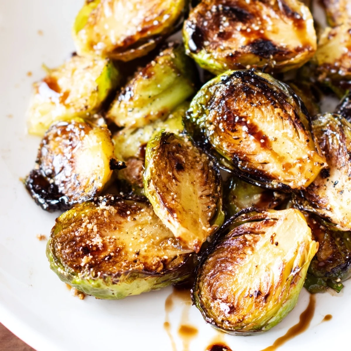 Des choux de Bruxelles rôtis avec glaçage au balsamique sur un plat de service, dorés et caramélisés.