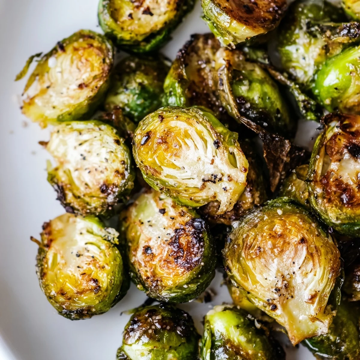 Plat d'accompagnement végétarien de choux de Bruxelles nappés de glaçage balsamique, parfaits pour un dîner d'automne.