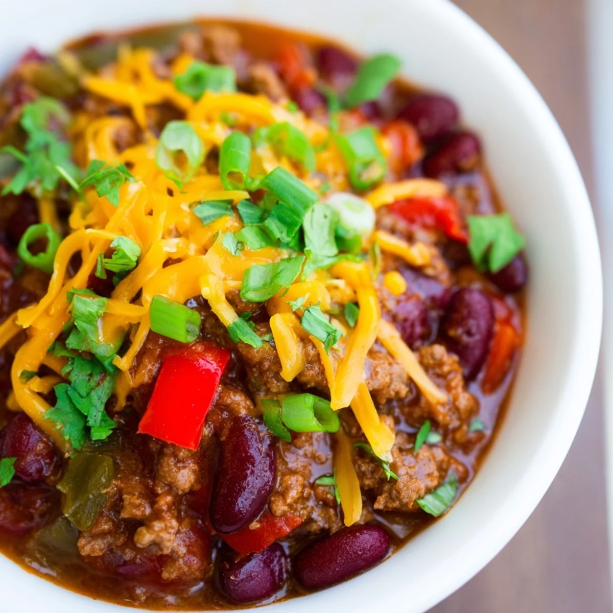 Bol fumant de Beef and Bean Chili, garni de fromage cheddar fondu et de coriandre fraîche.