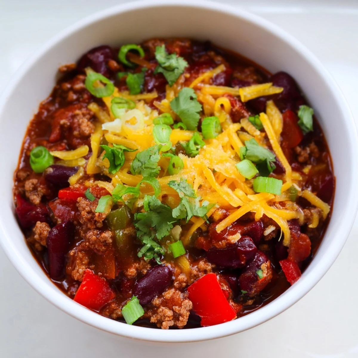 Assiette généreuse de Beef and Bean Chili, servie avec du pain au maïs et du fromage cheddar.