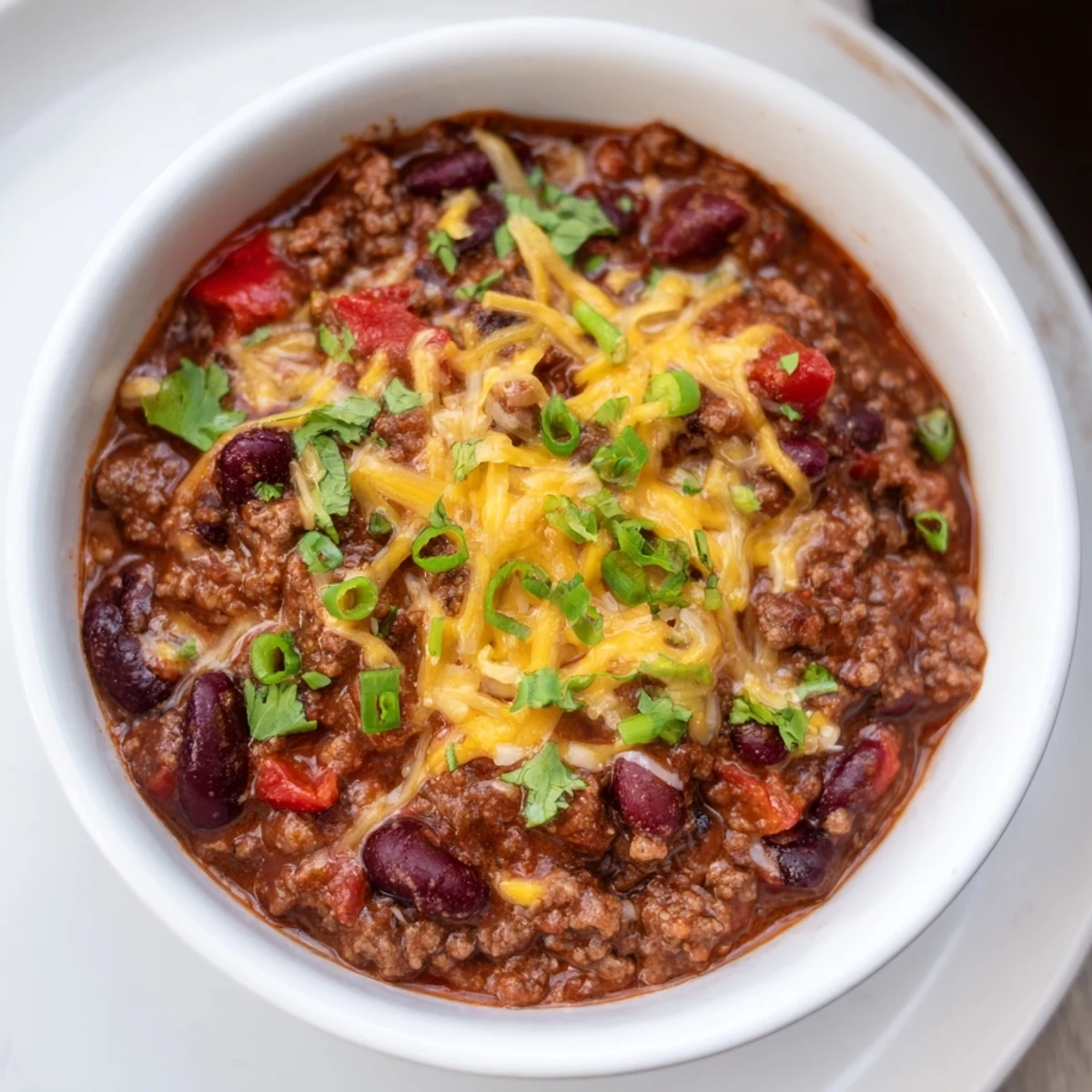 Beef and Bean Chili avec fromage cheddar, une gamme de bols garnis de garnitures.