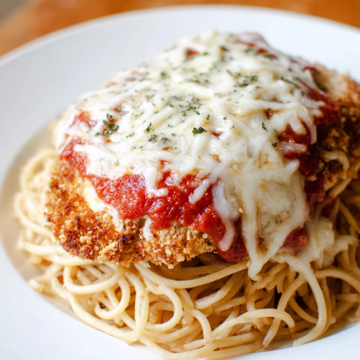 Golden, crispy Chicken Parmesan over spaghetti marinara, topped with melted mozzarella and fresh basil.