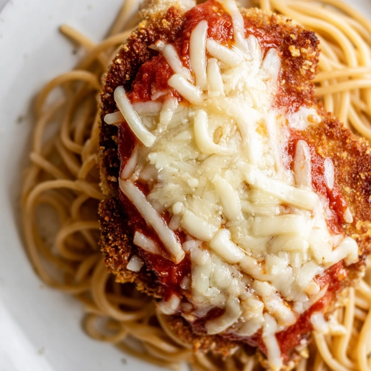 Hearty Chicken Parmesan over spaghetti marinara, ready to serve with a crisp green salad and Chianti.