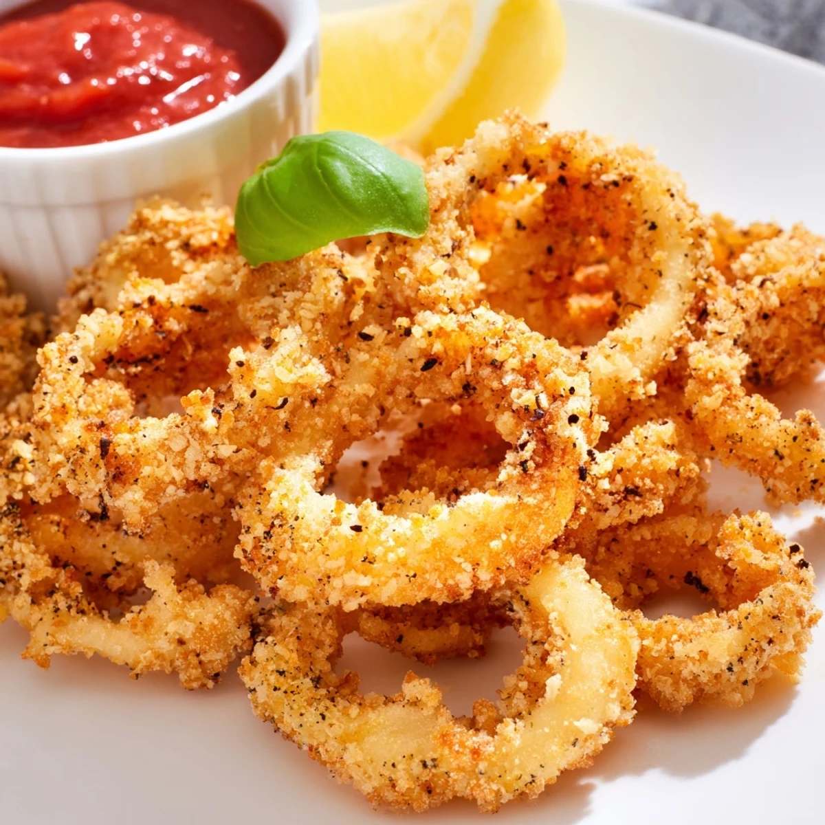 Crispy Calamari with Marinara Dipping Sauce, golden-fried and served with lemon wedges for a zesty Mediterranean appetizer.