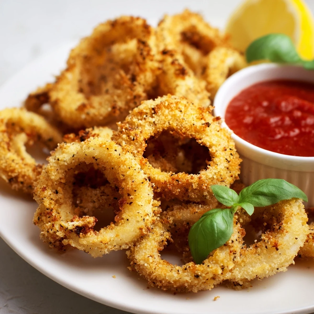 Golden rings of Crispy Calamari with Marinara Dipping Sauce, crunchy and perfectly paired with tangy marinara.