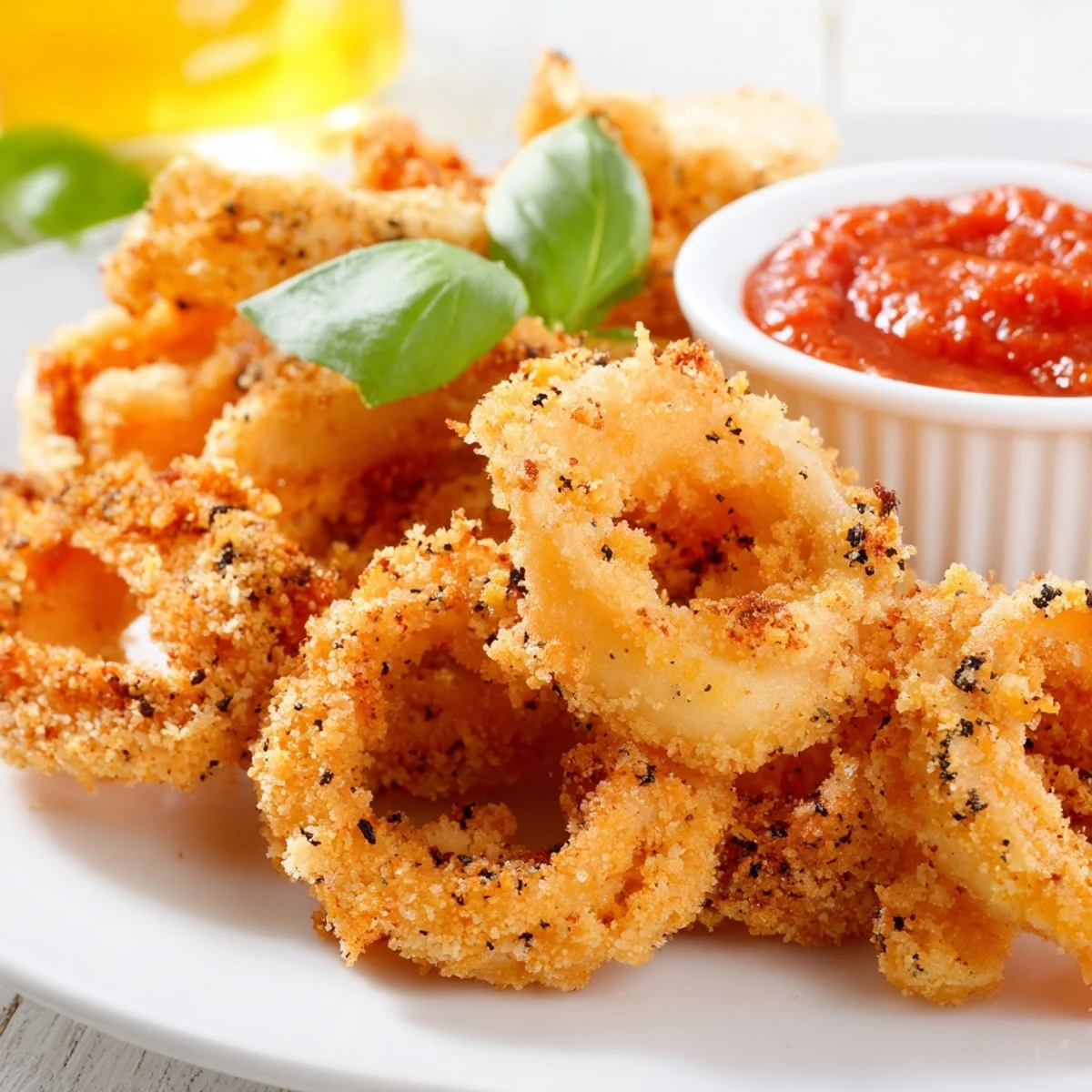 Freshly fried Crispy Calamari with Marinara Dipping Sauce, served hot on a plate with vibrant red sauce.
