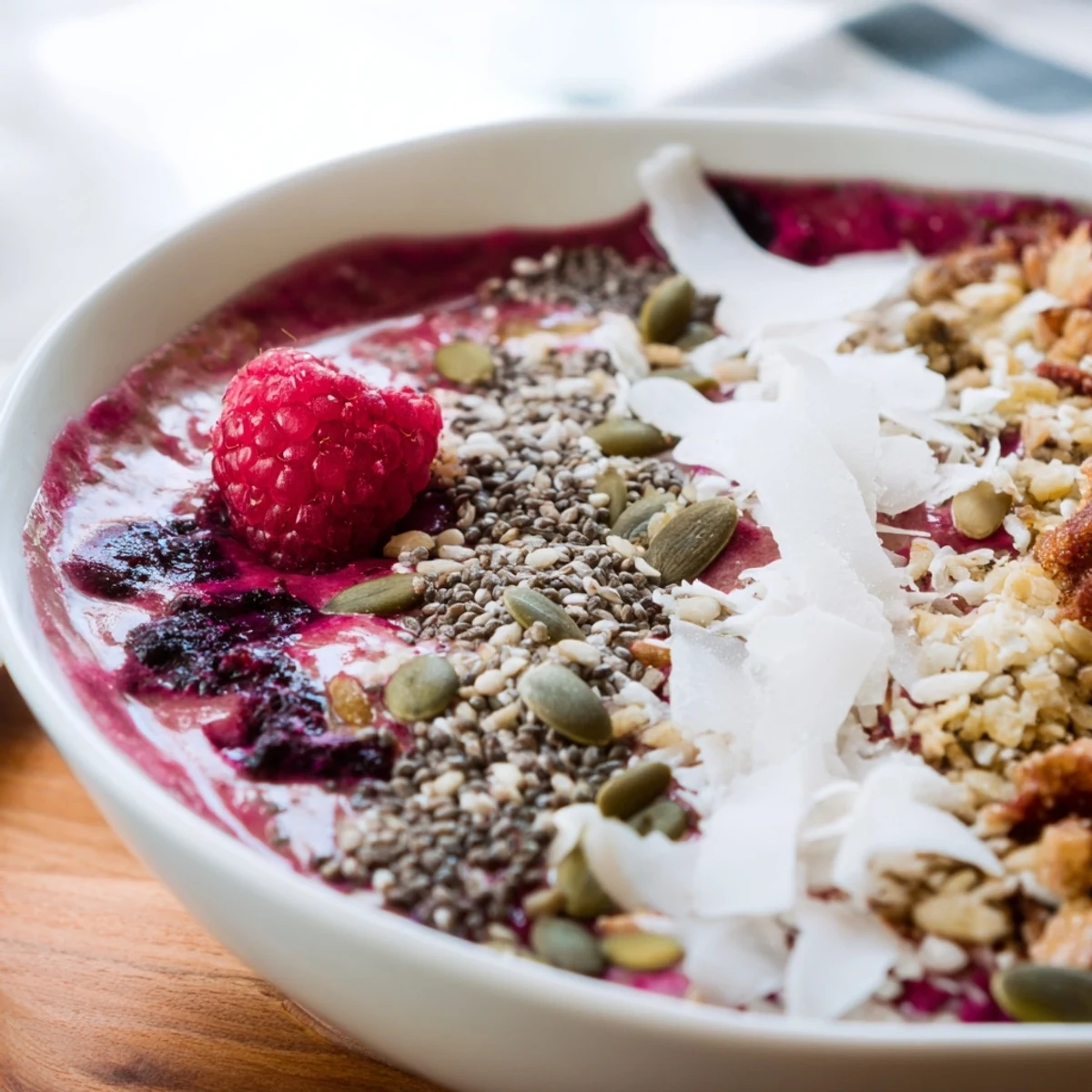 Un bol vibrant de Winter Berry Smoothie Bowl with Seeds, garni de graines croquantes et de fruits rouges givrés.