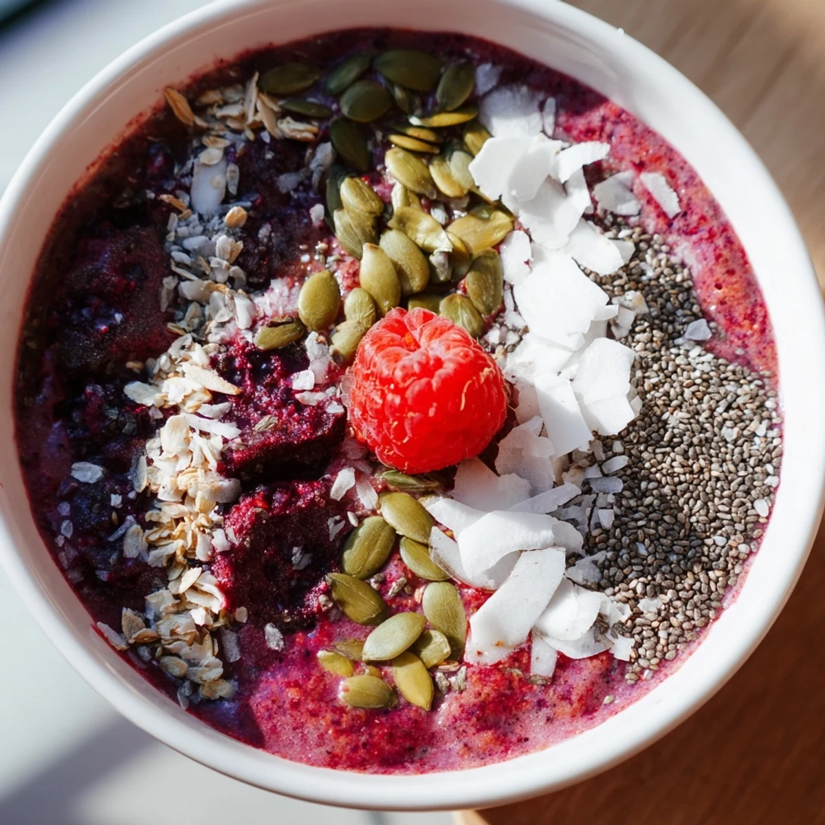 Appétissant Winter Berry Smoothie Bowl with Seeds servi avec graines de courge et une cuillère en bois.