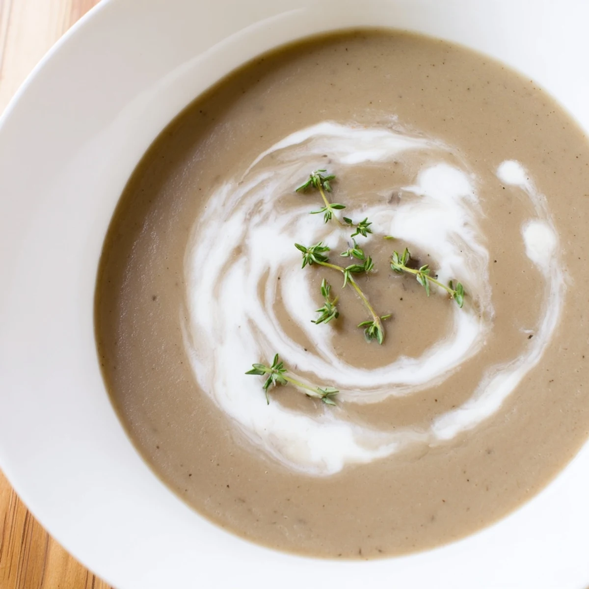 Une soupe Crémeuse aux Champignons au Thym fumante dans un bol rustique, garnie de thym frais.