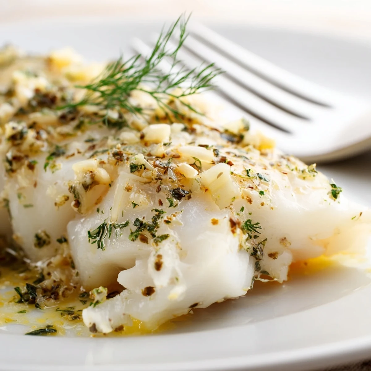 Filets de Baked Cod with Garlic Butter and Herbs dorés et nappés de sauce à l'ail et au beurre.