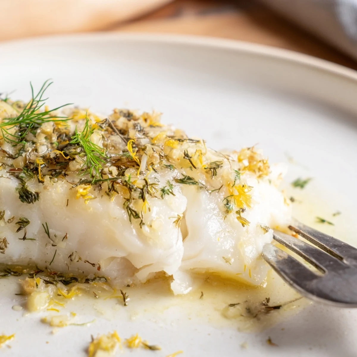 Fumée de beurre et d'ail s'élevant au-dessus du Baked Cod with Garlic Butter and Herbs frais.