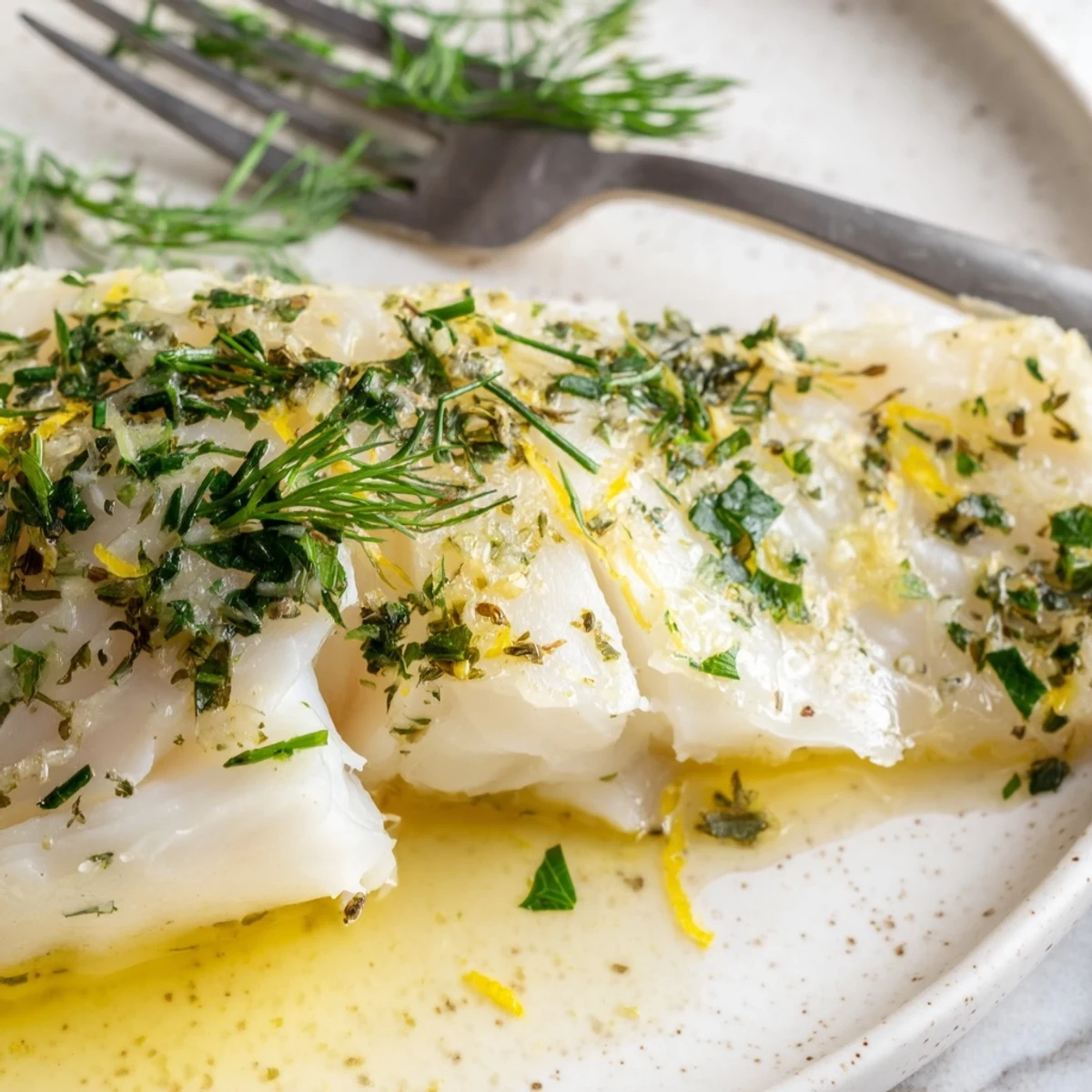 Plat principal élégant de Baked Cod with Garlic Butter and Herbs avec citron et herbes.