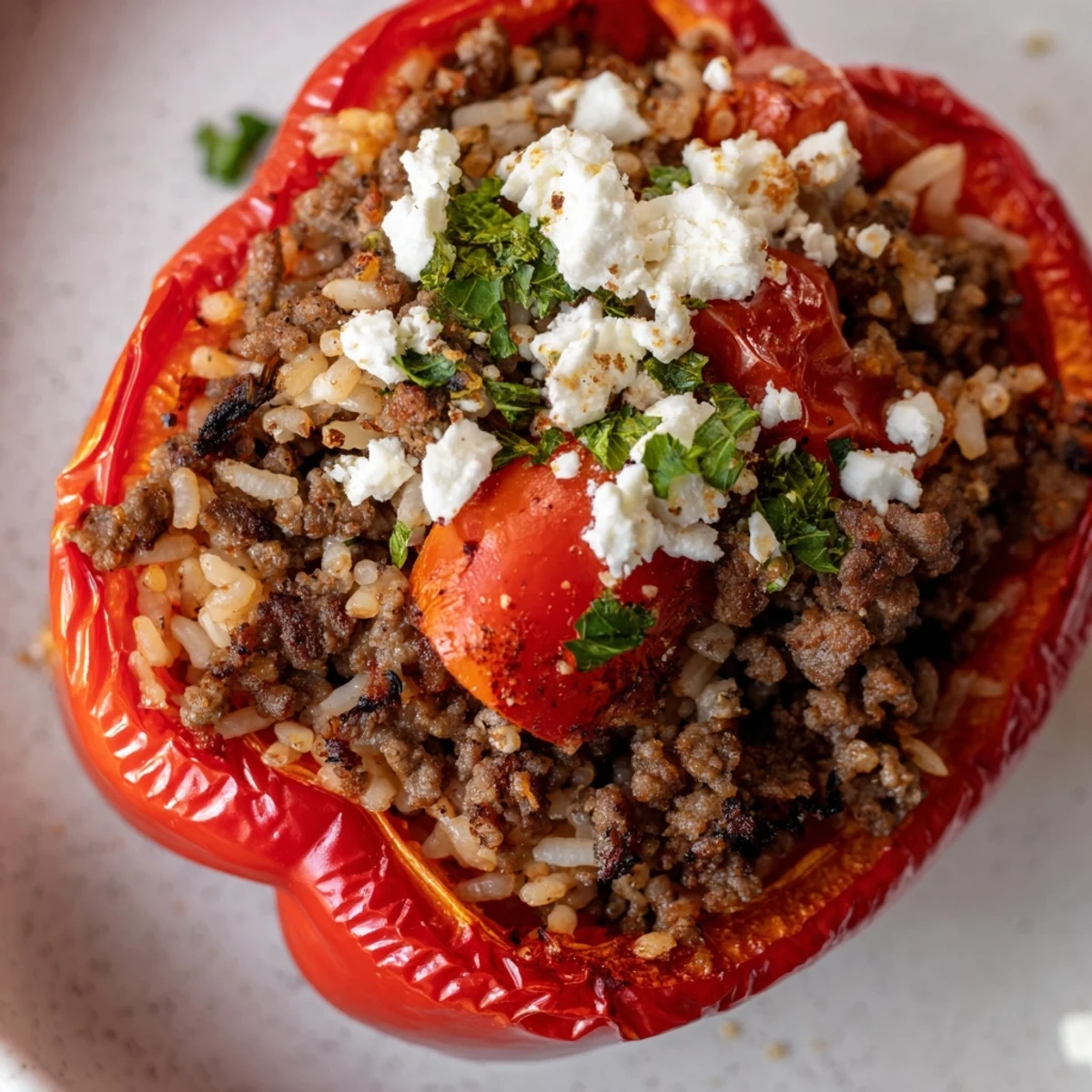 Freshly baked Mediterranean Stuffed Bell Peppers with Beef reveal spiced beef and rice inside tender peppers. 