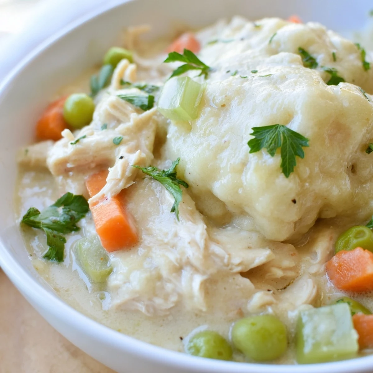 Slow Cooker Chicken and Dumplings stew with tender shredded chicken, peas, and fluffy, steaming dumplings ready to serve.