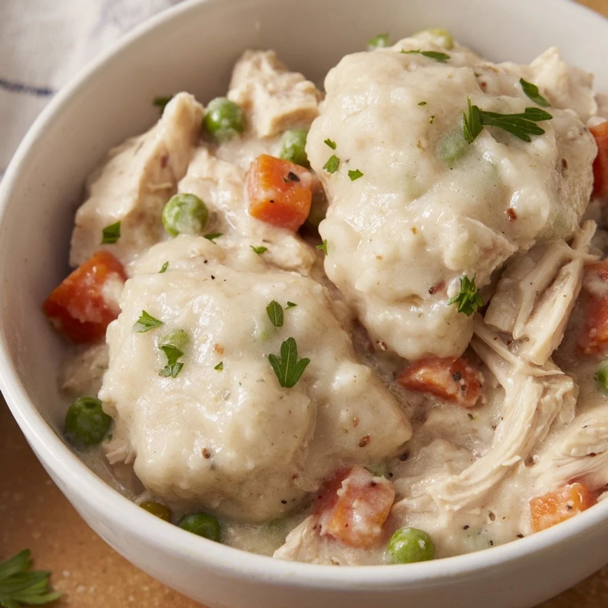Homemade Slow Cooker Chicken and Dumplings in a creamy sauce with carrots and celery, spooned into rustic bowls.