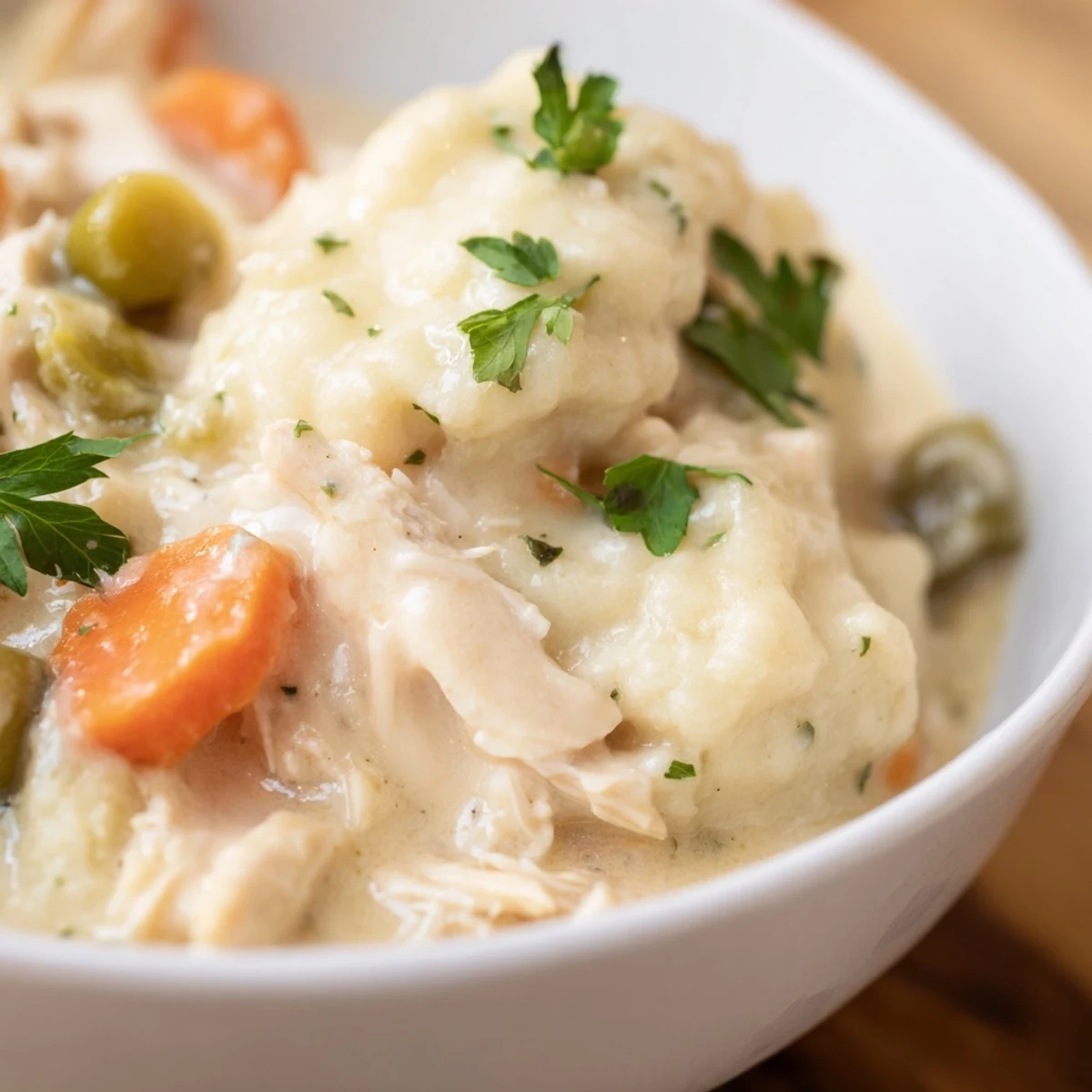 Slow Cooker Chicken and Dumplings simmering in a slow cooker, featuring plump dumplings and hearty vegetables for dinner.