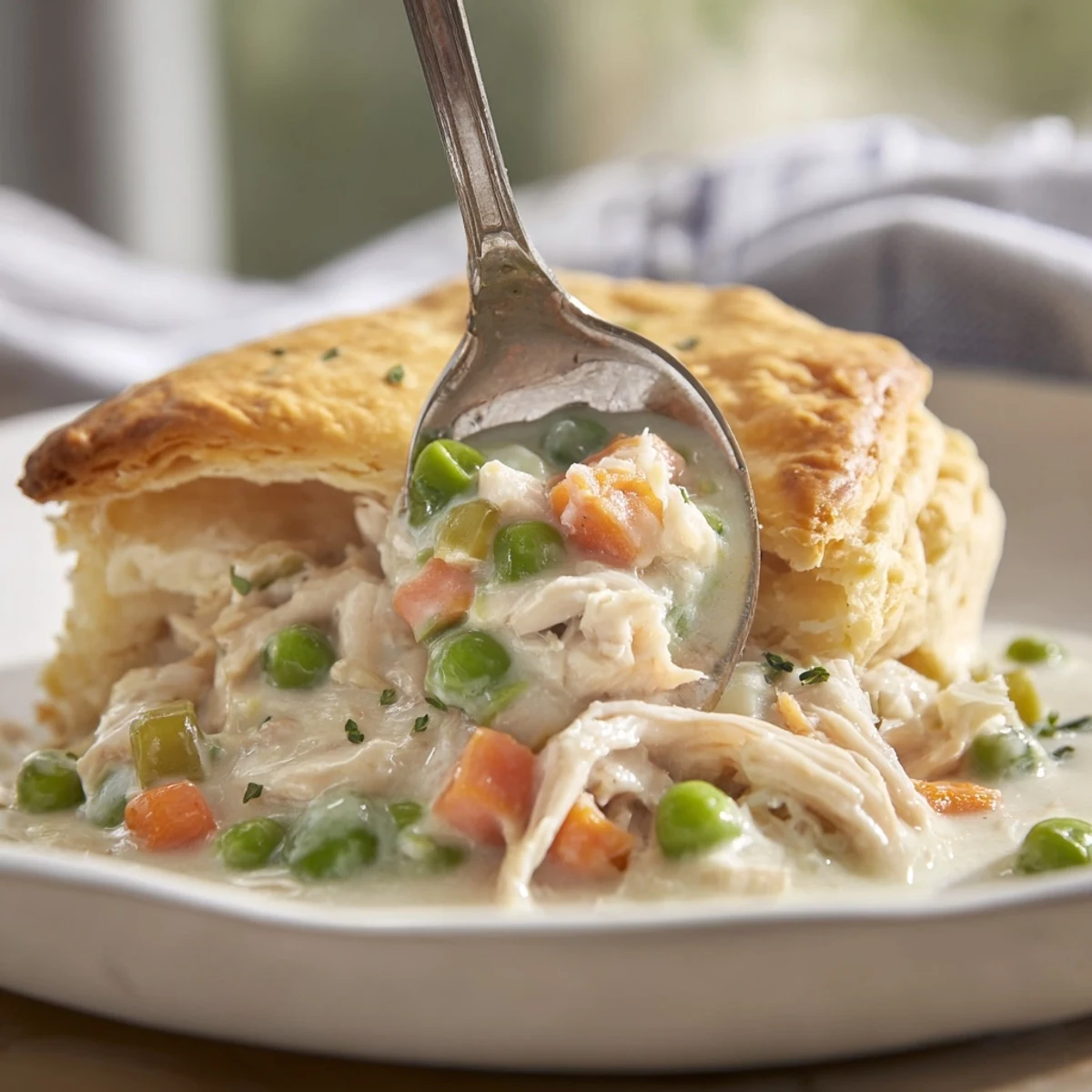 A golden, flaky Chicken Pot Pie with a rich, savory filling, ready to serve on a plate.