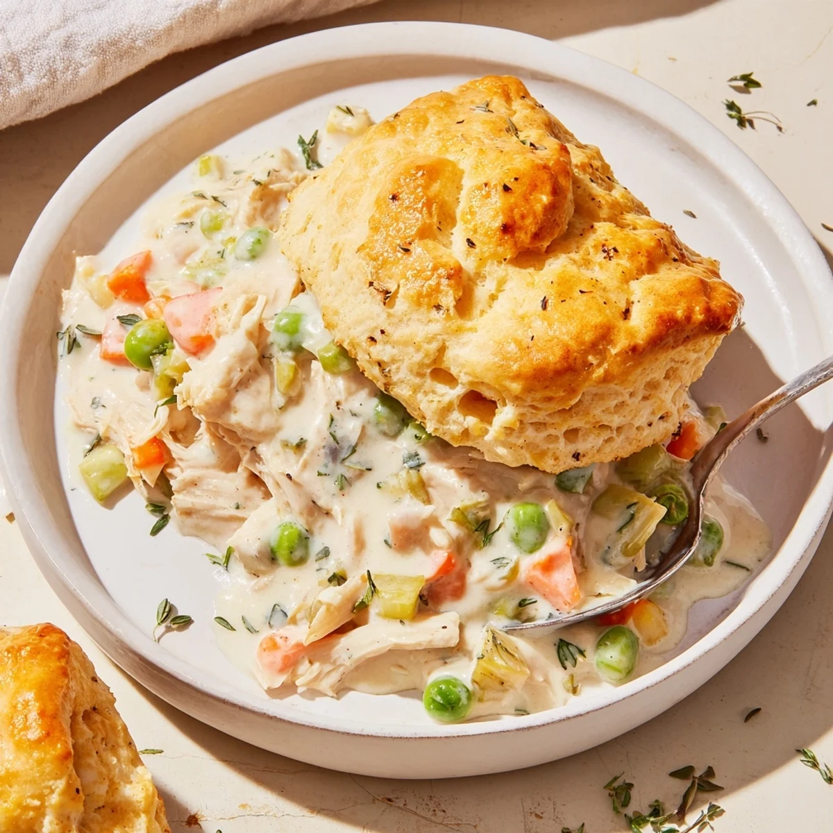 Homemade Chicken Pot Pie featuring a perfectly baked biscuit crust and creamy chicken filling.