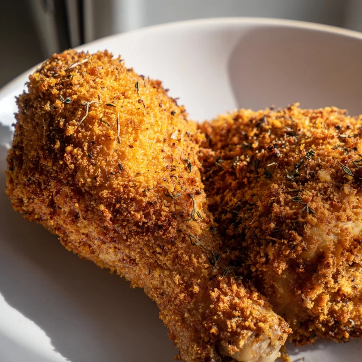 Crispy Supper Chicken servi sur une assiette avec salade verte et pommes de terre rôties pour un repas familial américain.