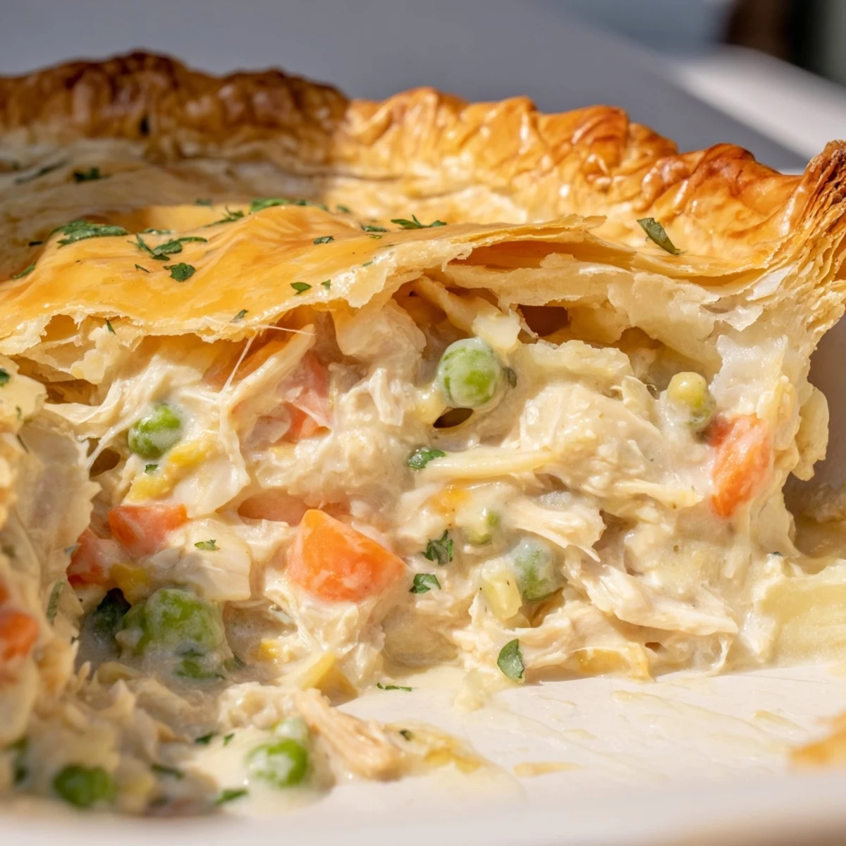 La croûte dorée et feuilletée d'un Chicken Supper Pie sortant du four, fumante.