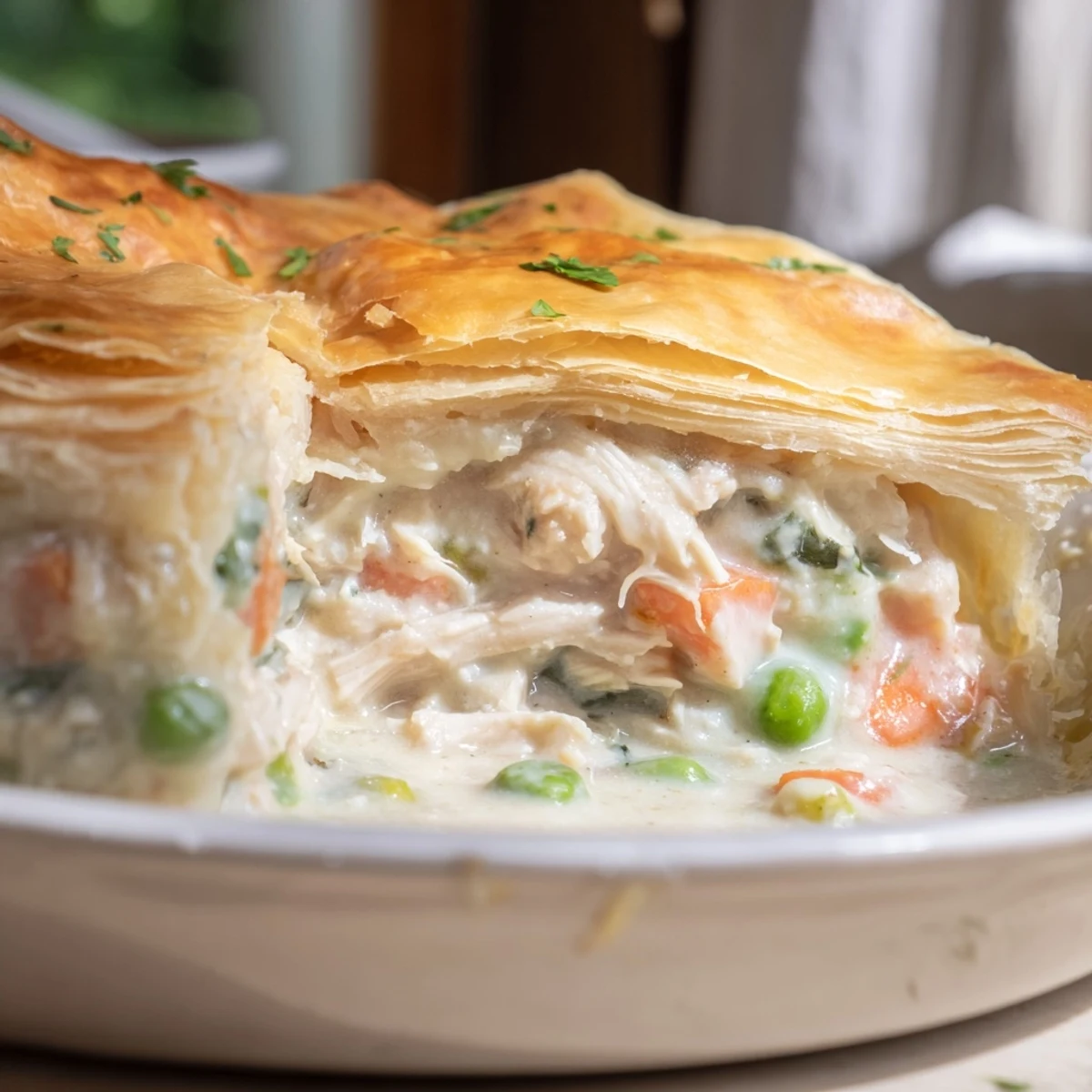 Un Chicken Supper Pie crémeux au poulet tendre et aux légumes printaniers.