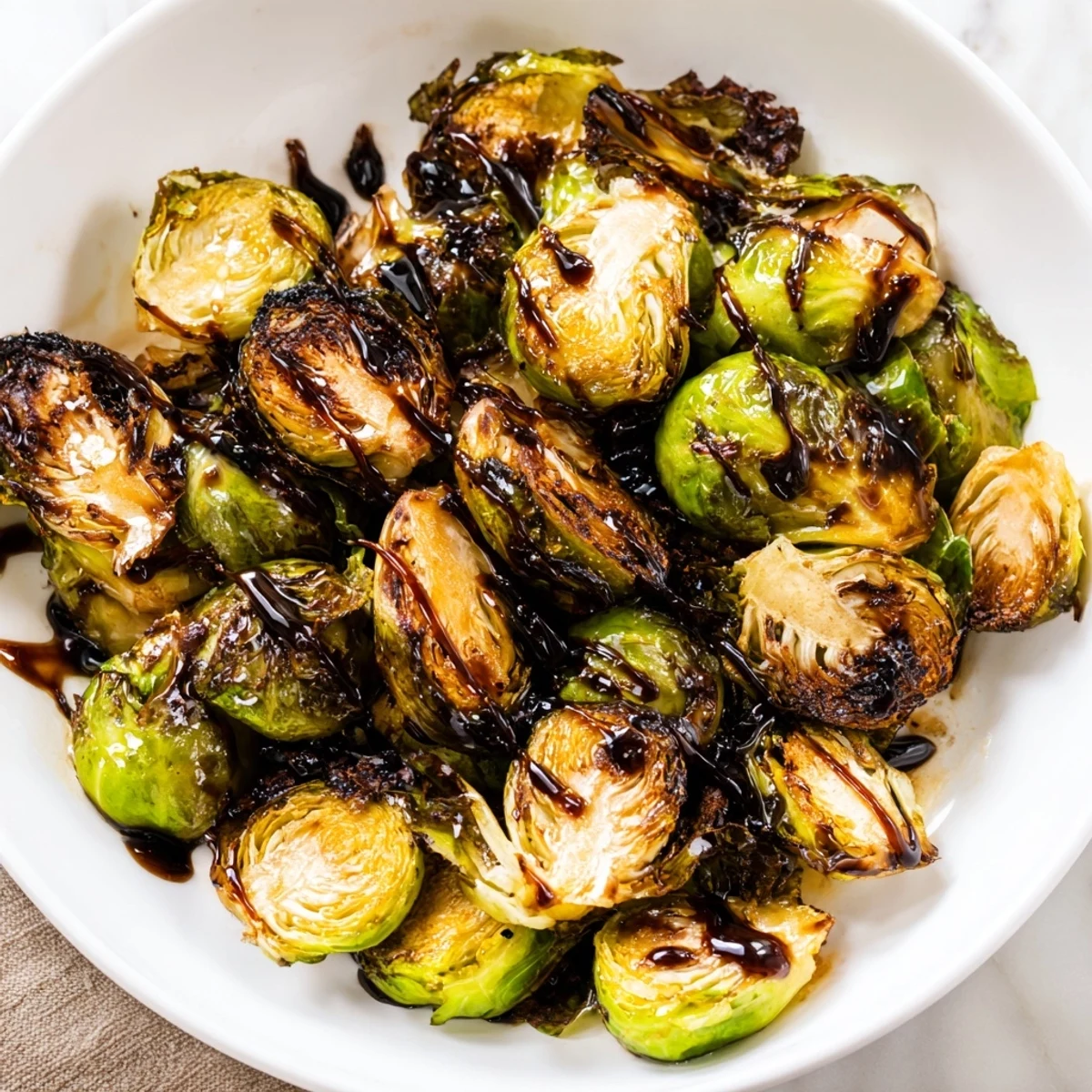 Champs de choux de Bruxelles rôtis avec réduction de vinaigre balsamique, caramélisés et croquants.