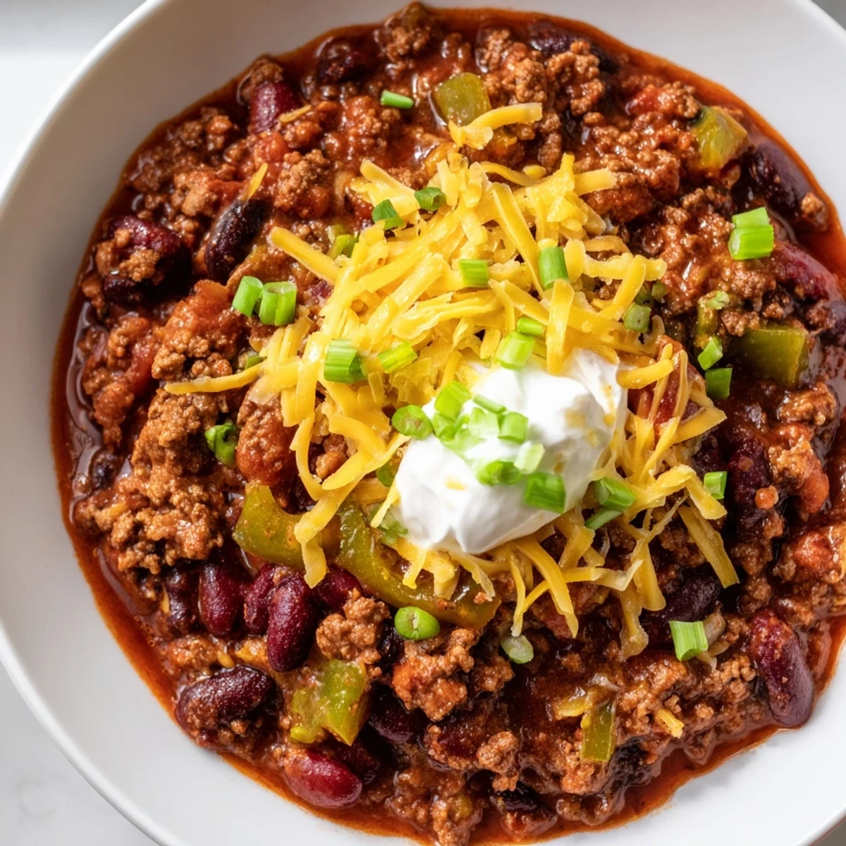 Assiette généreuse de Beef and Bean Chili au fromage cheddar, accompagnée de tortillas et jalapeño.