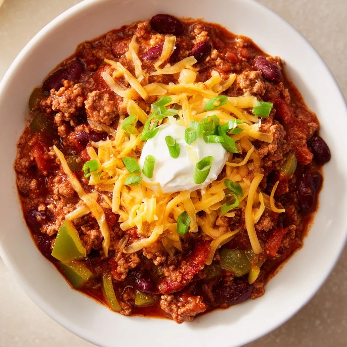 Bol épicé de Beef and Bean Chili avec fromage cheddar fort, crème aigue et oignon vert haché.