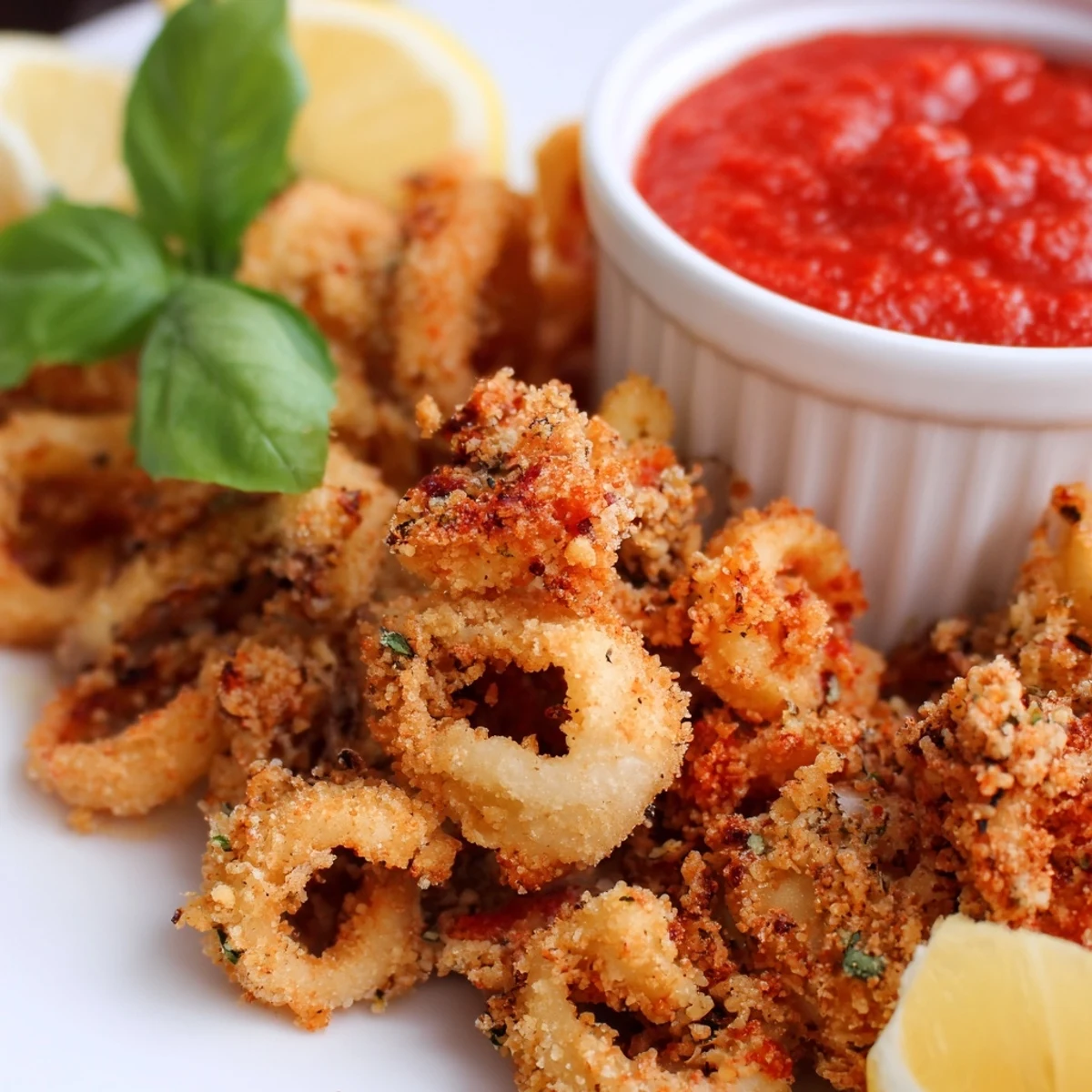 Crispy Calamari with Marinara Dipping Sauce served hot with lemon wedges and a rich red dipping sauce