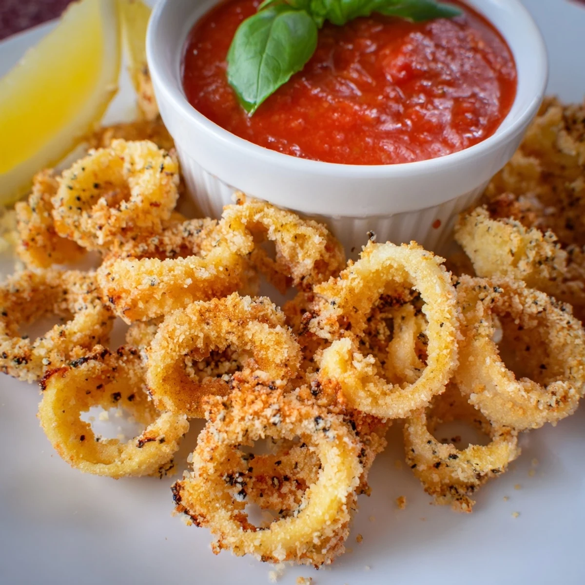 Close-up of Crispy Calamari with Marinara Dipping Sauce showing crunchy breading and vibrant marinara for dipping