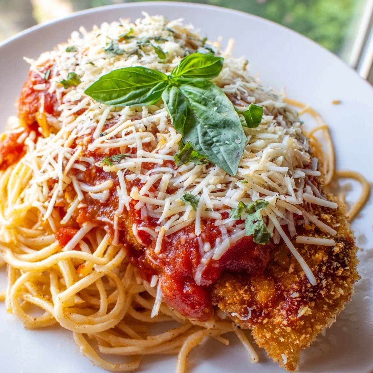 Crispy breaded chicken breast topped with gooey cheese beside a forkful of spaghetti marinara.