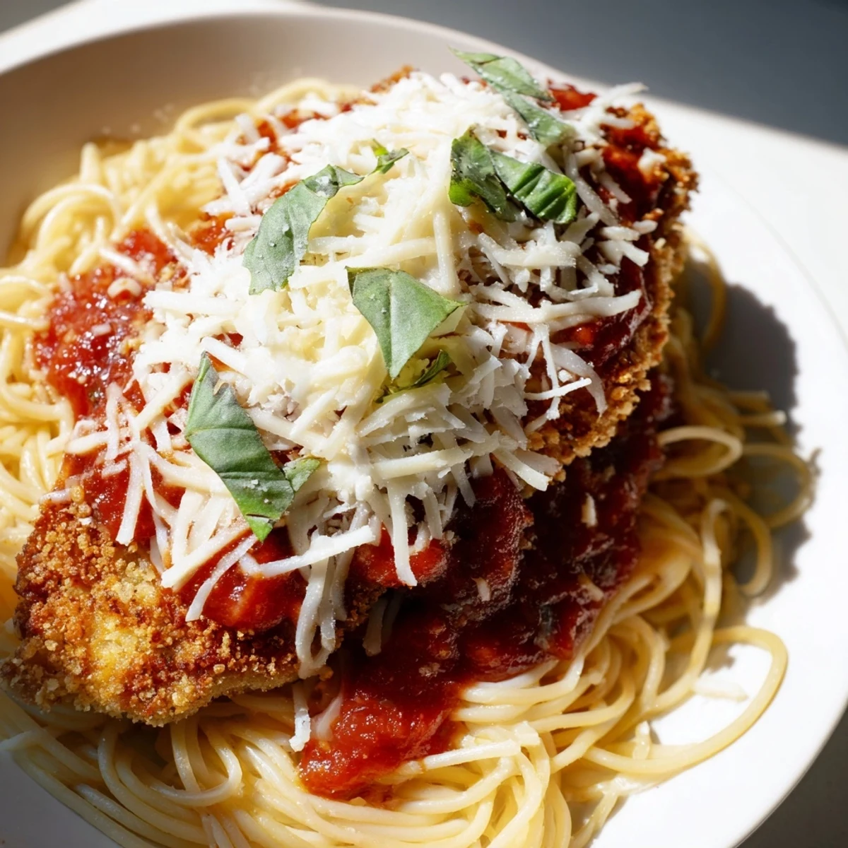 Sizzling Chicken Parmesan plated over al dente spaghetti, ready to garnish with fresh basil.