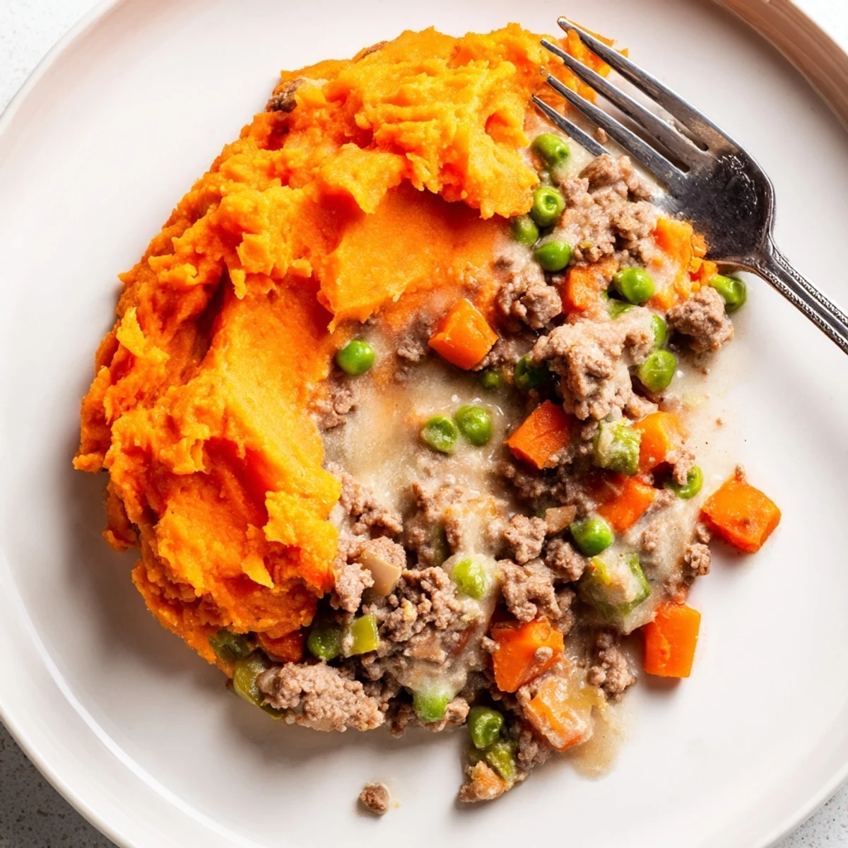 Un Beef Shepherds Pie avec du mash de patate douce doré au four, sur une table en bois.
