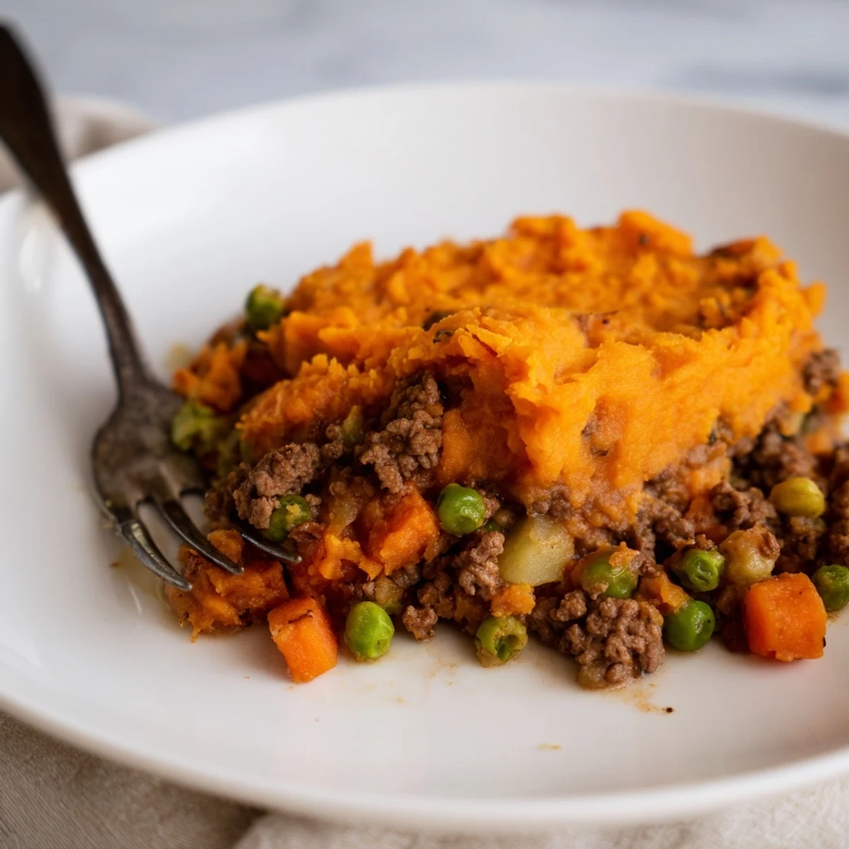 Ce plat de réconfort présente une garniture de bœuf haché et légumes sous une purée crémeuse de patate douce.