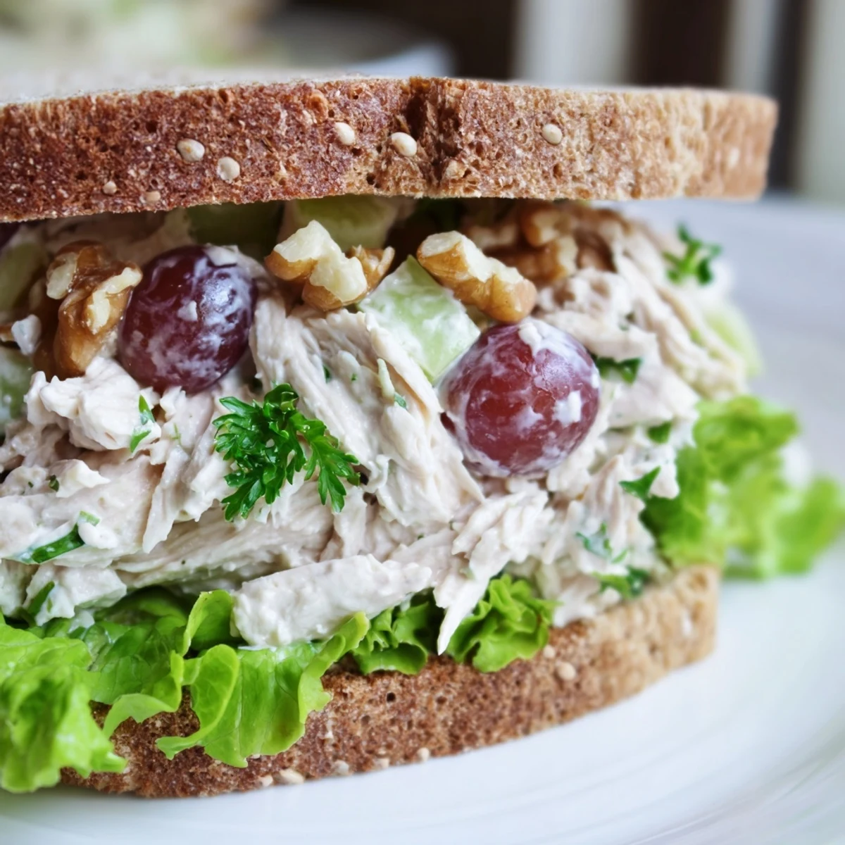 Sandwich Chicken Salad Sandwich with Grapes and Walnuts avec du poulet tendre, des raisins rouges juteux et des noix croquantes garni de laitue sur un pain doré.
