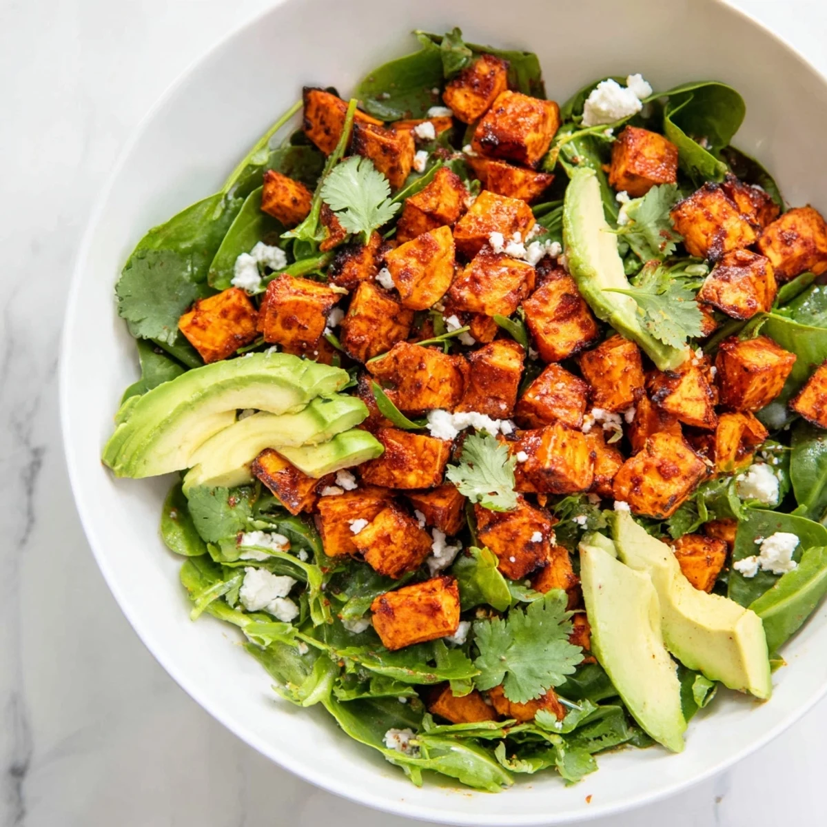 Une salade de patates douces rôties avec vinaigrette au citron vert, avocat crémeux et croûtons de feta dorés.
