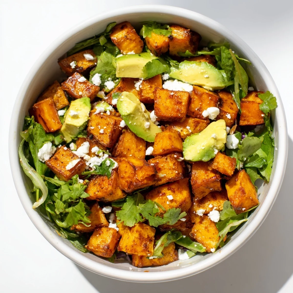 Patates douces rôties et vinaigrette au citron vert sur crudités, avocat et feta, parfaite pour un repas sain.