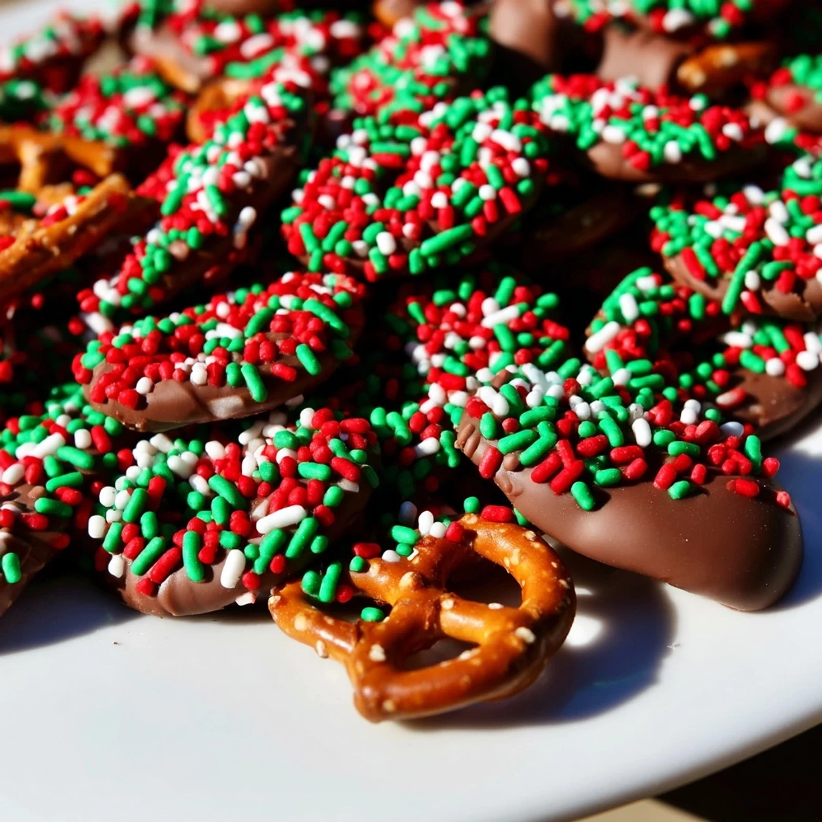 Ces bretzels recouverts de chocolat présentent une couverture lisse et brillante, rehaussée de paillettes festives pour un aspect réjouissant.