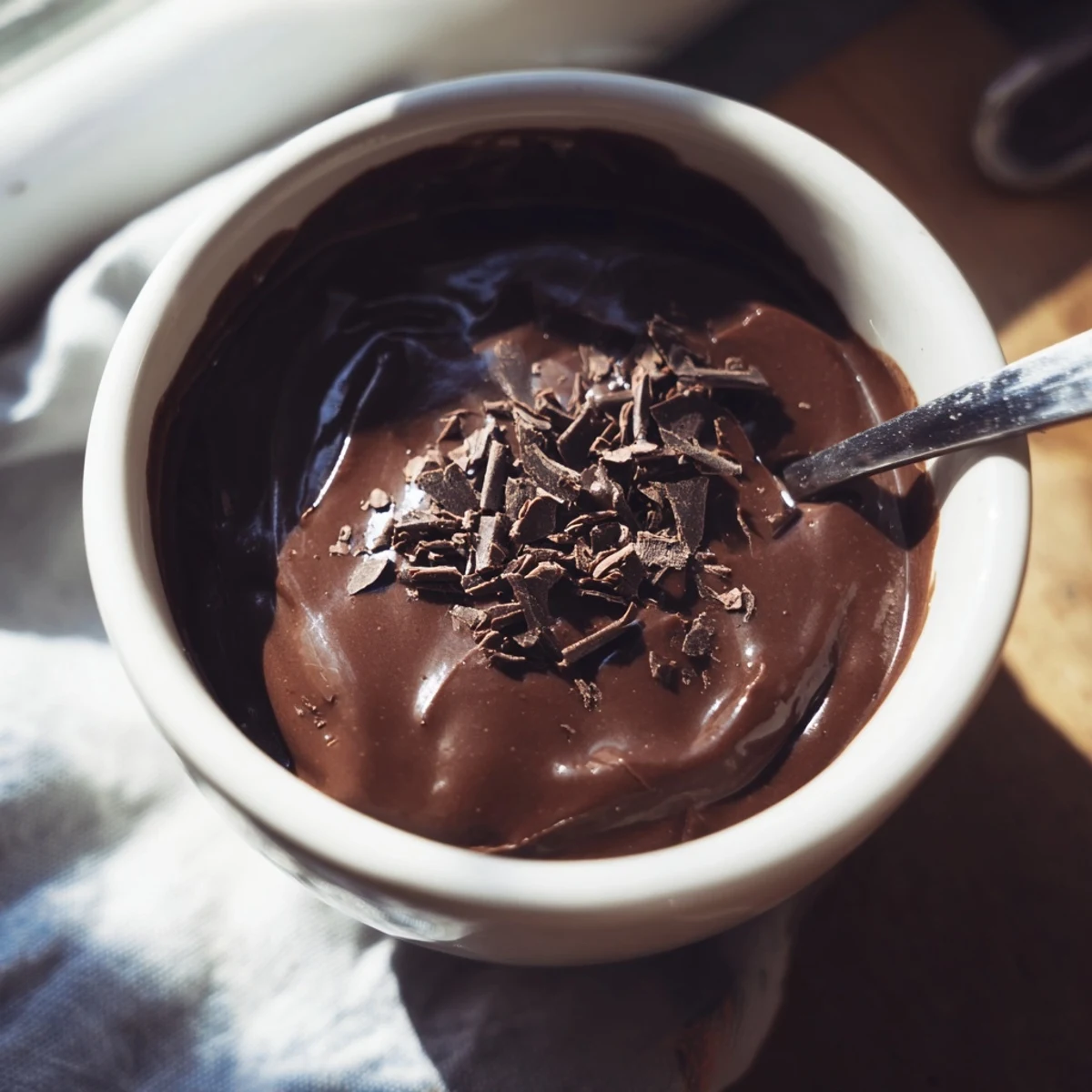 Chocolat Pudding crémeux et velouté, servi dans des verres individuels avec des copeaux de chocolat pour une touche finale gourmande.