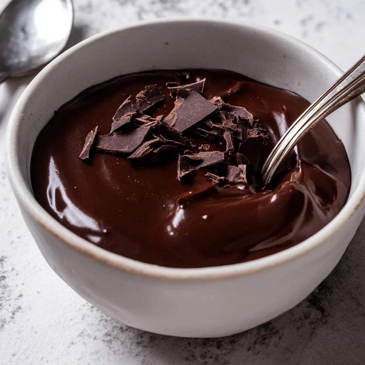 Une portion de Chocolat Pudding encore fumante, présentée dans un bol artisanal et rehaussée de crème fouettée et de cacao en poudre.