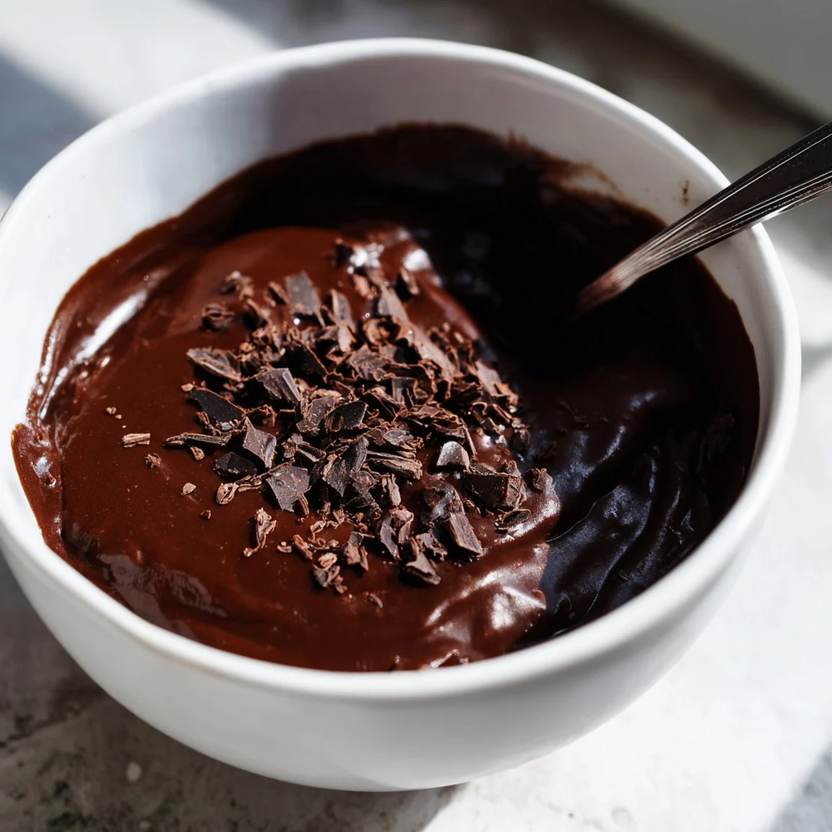 Chocolat Pudding appétissant au cœur fondant, garni de shavings de chocolat et de fraises fraîches pour un contraste savoureux estival.