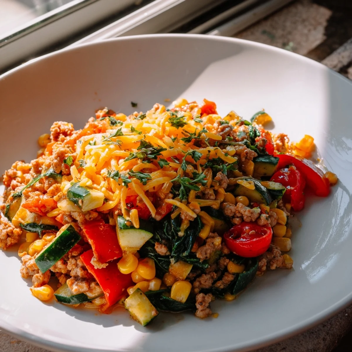 Savourez une dinde tendre et des légumes croquants dans cette poêle, surmontée de persil frais pour une touche lumineuse et savoureuse.