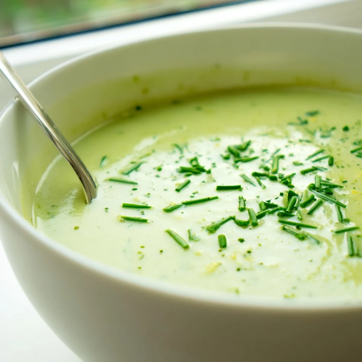 Creamy Leek Soup served steaming hot in a rustic bowl, garnished with fresh chives