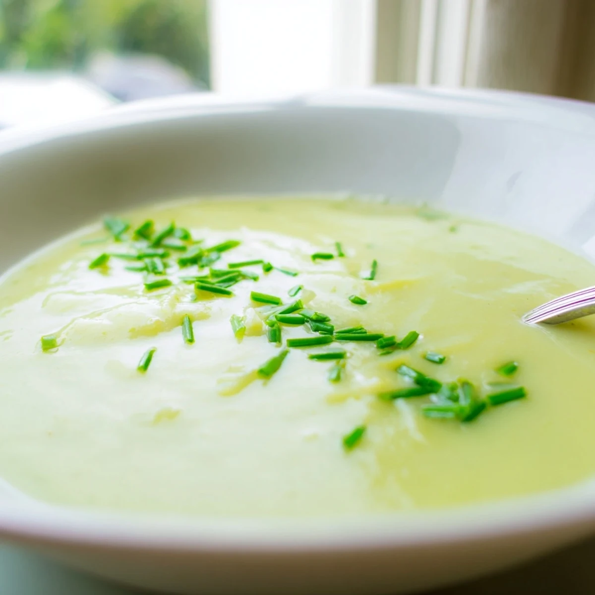 A spoon dipping into velvety Creamy Leek Soup, with crusty bread and butter on the side