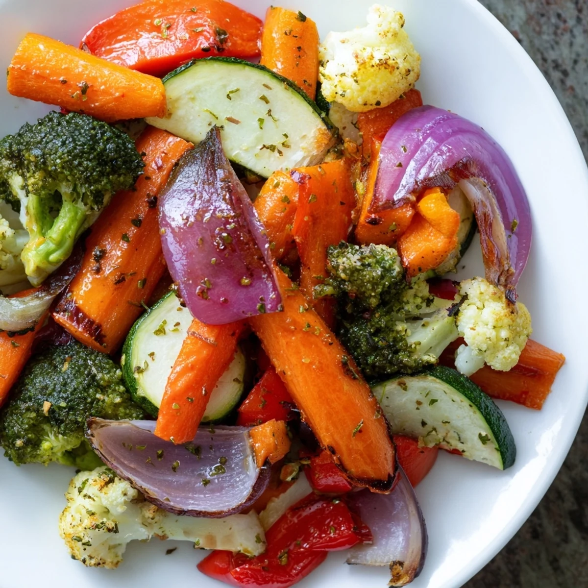 Légumes de saison rôtis aux herbes italiennes, nappés d’huile d’olive et de flocons de sel croustillants pour un côté facile.